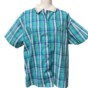 Vintage Look Plaid Button Up Short Sleeve Shirt Grandma Core NWT Size L